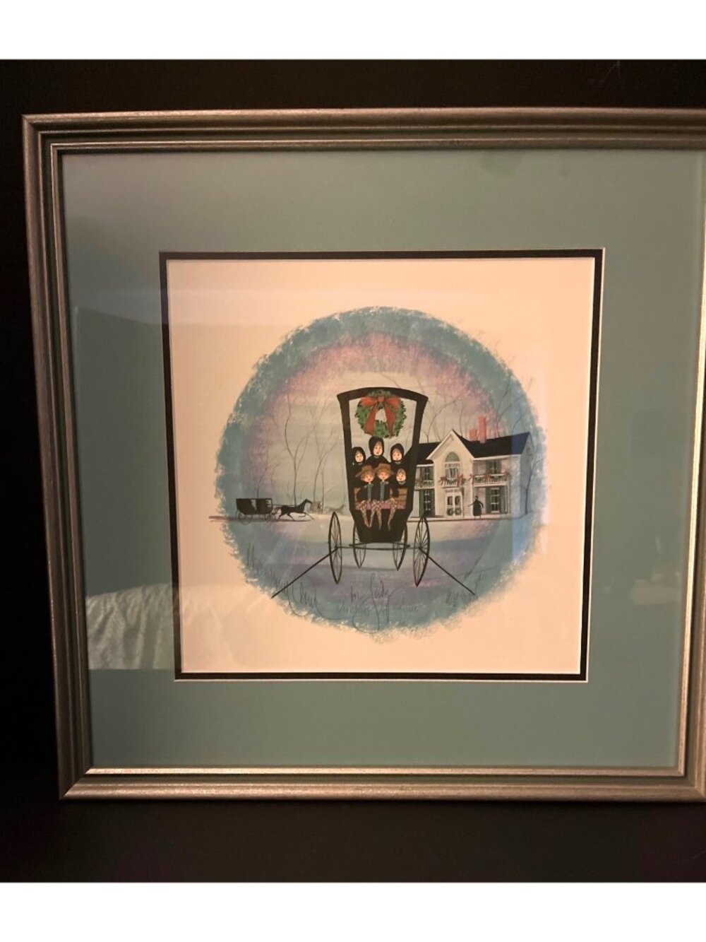 P Buckley Moss Numbered Signed Print Christmas At Home Double Matted Silver Wood